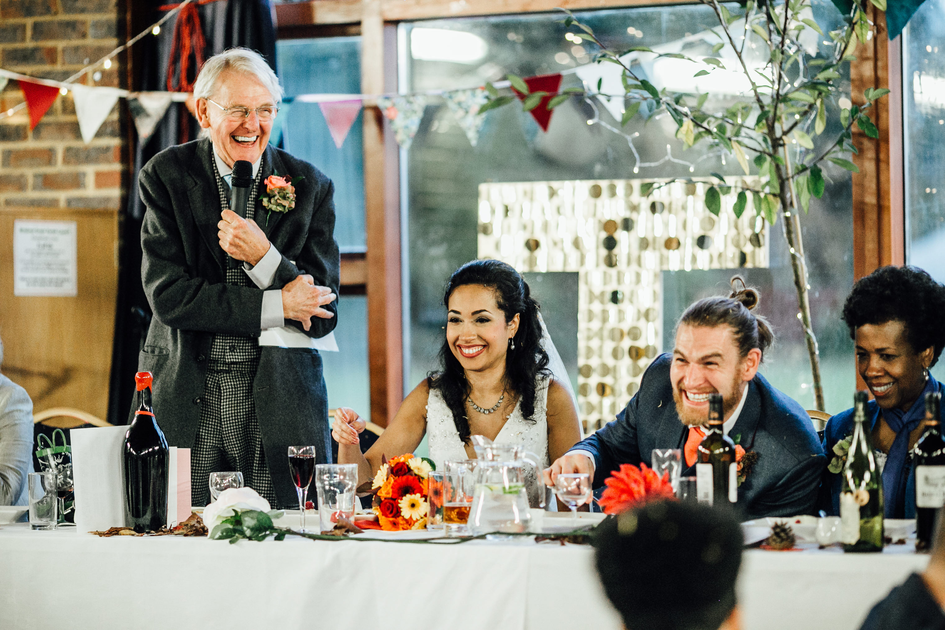 quirky fun autumn wedding in london wedding photographer documentary style speeches