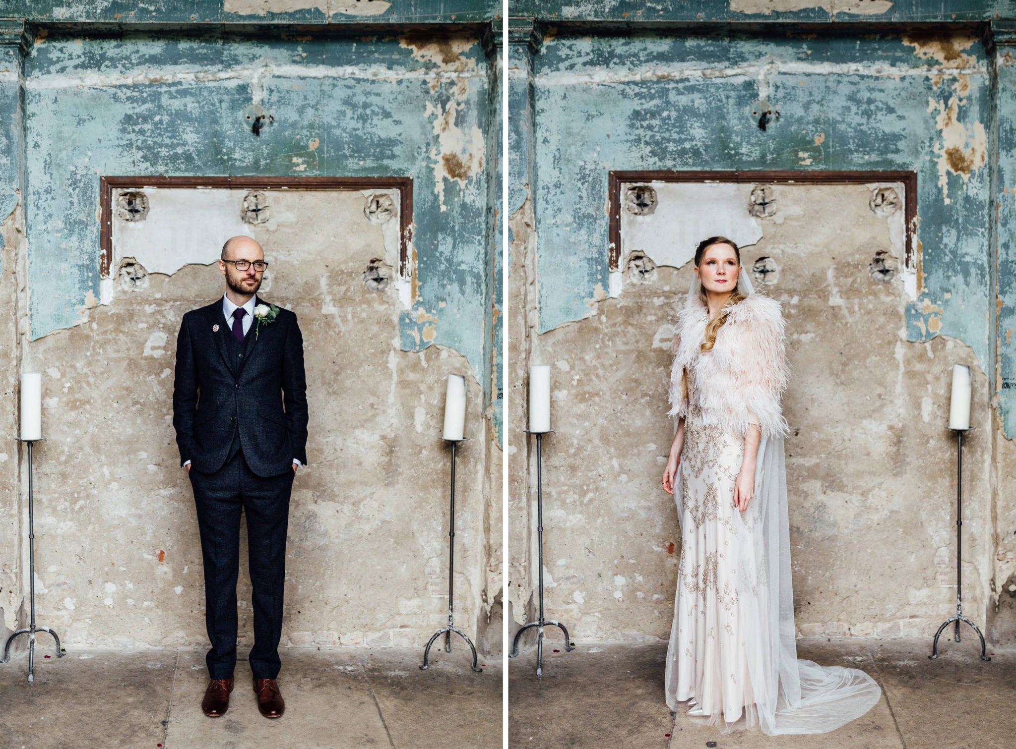 COUPLE PORTRAITS BRIDE GROOM AT THE ASYLUM LONDON WEDDING PHOTOGRAPHY JENNY PACKHAM CLASSIC GOWN