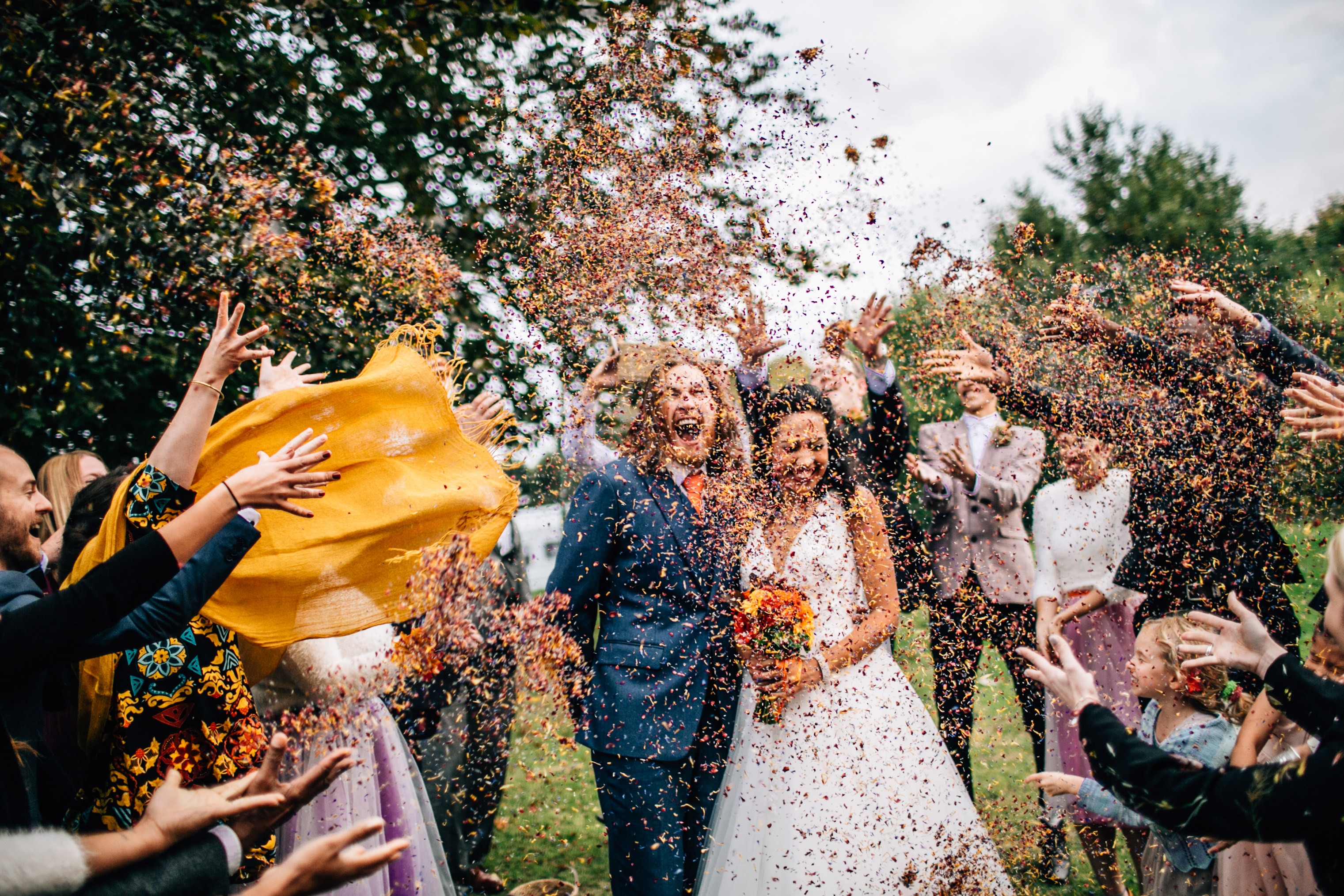 quirky fun autumn wedding in london wedding photographer confetti