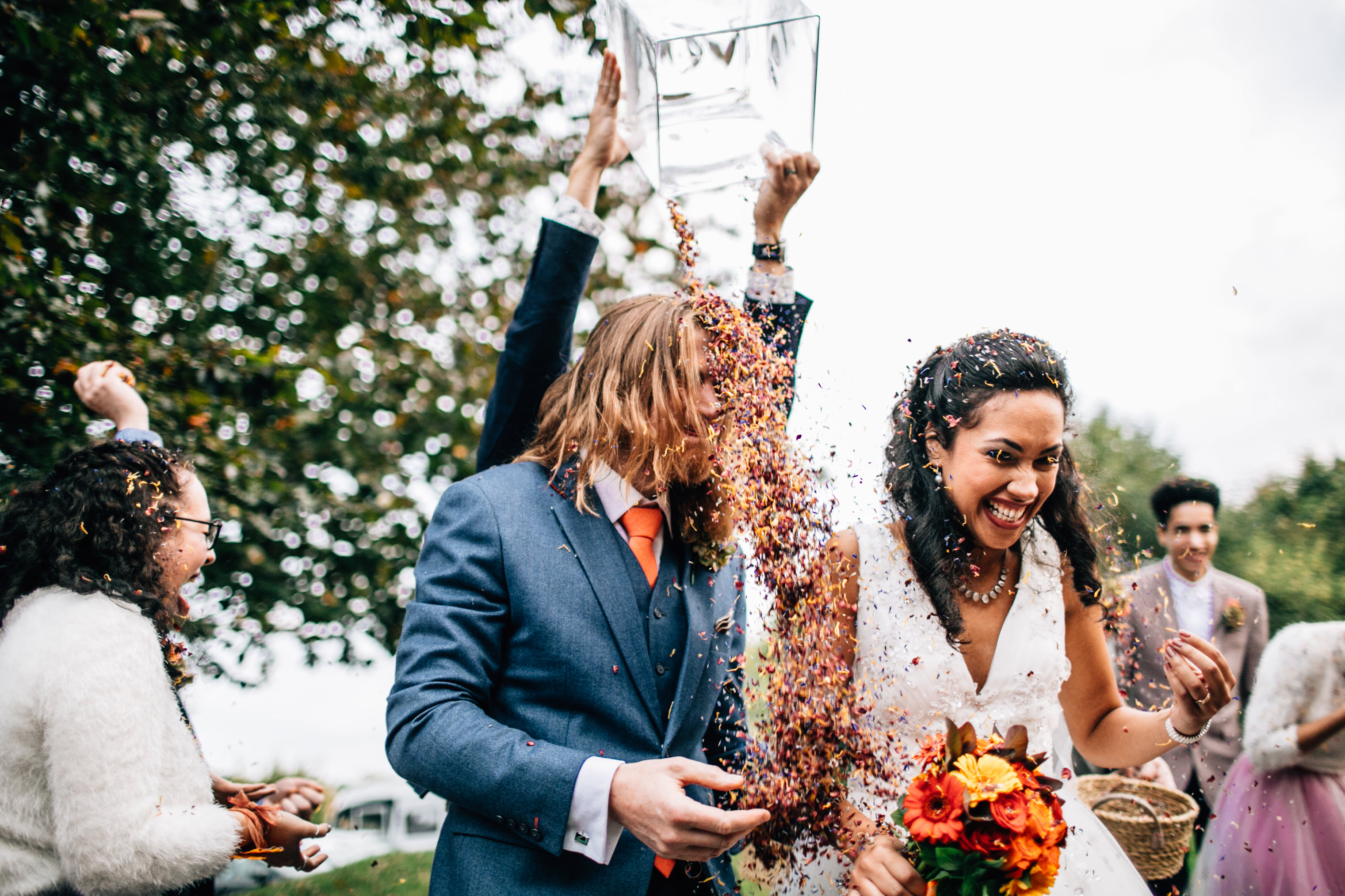 quirky fun autumn wedding in london wedding photographer confetti